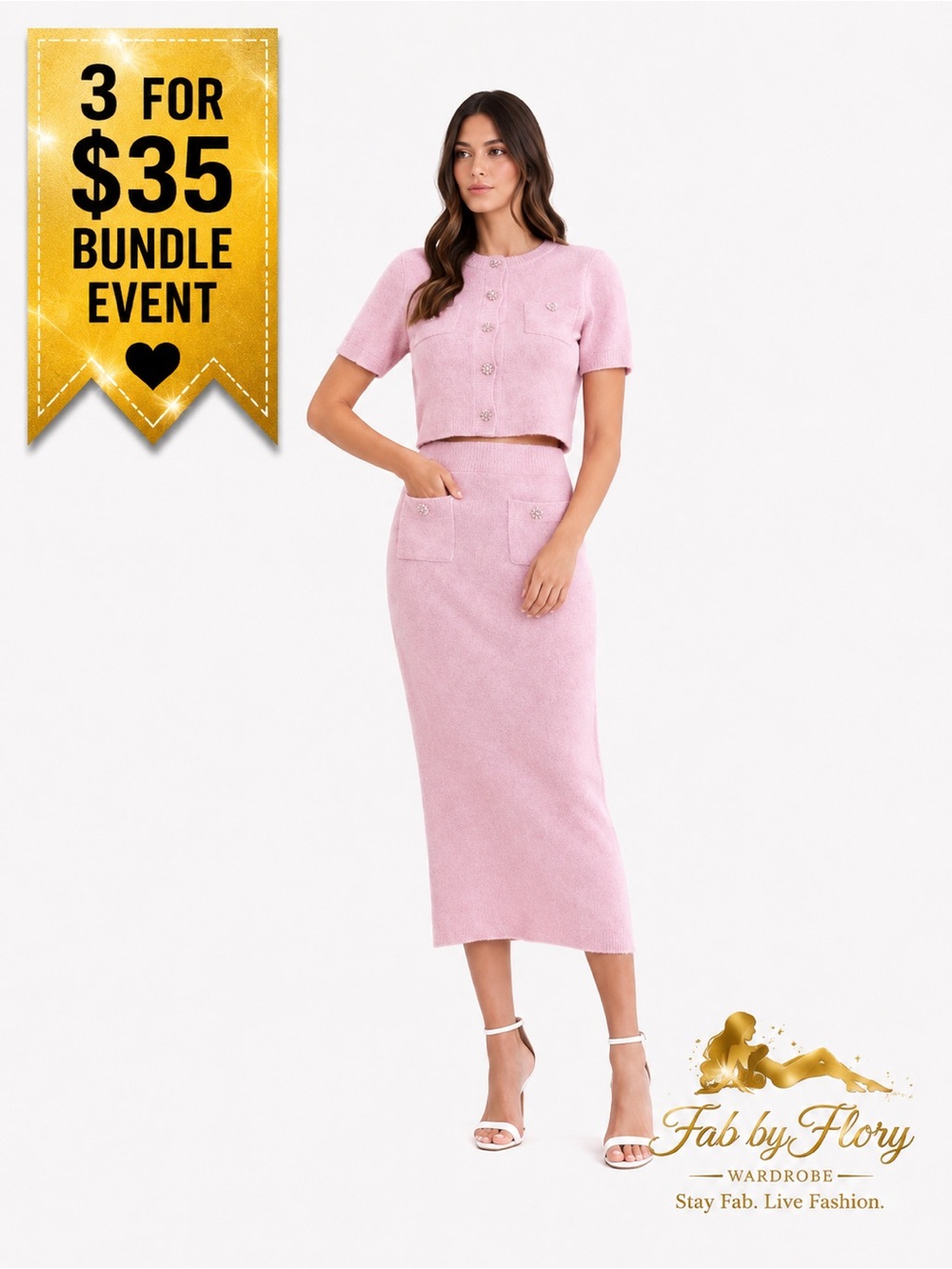 Mable Soft Pink Knit Two-Piece Set with Rhinestone Buttons
